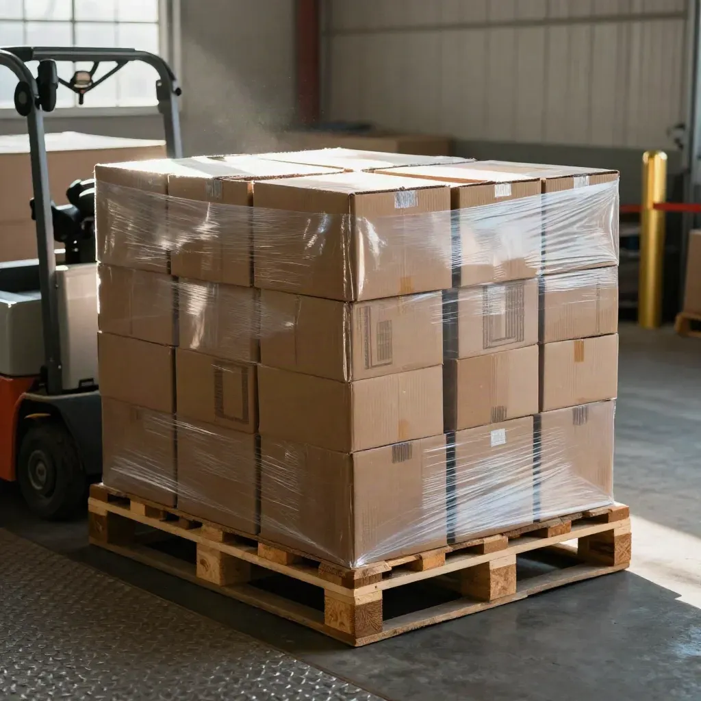 Sealed cartons and pallet wrap in a warehouse receiving bay, ready stock in soft afternoon light.
