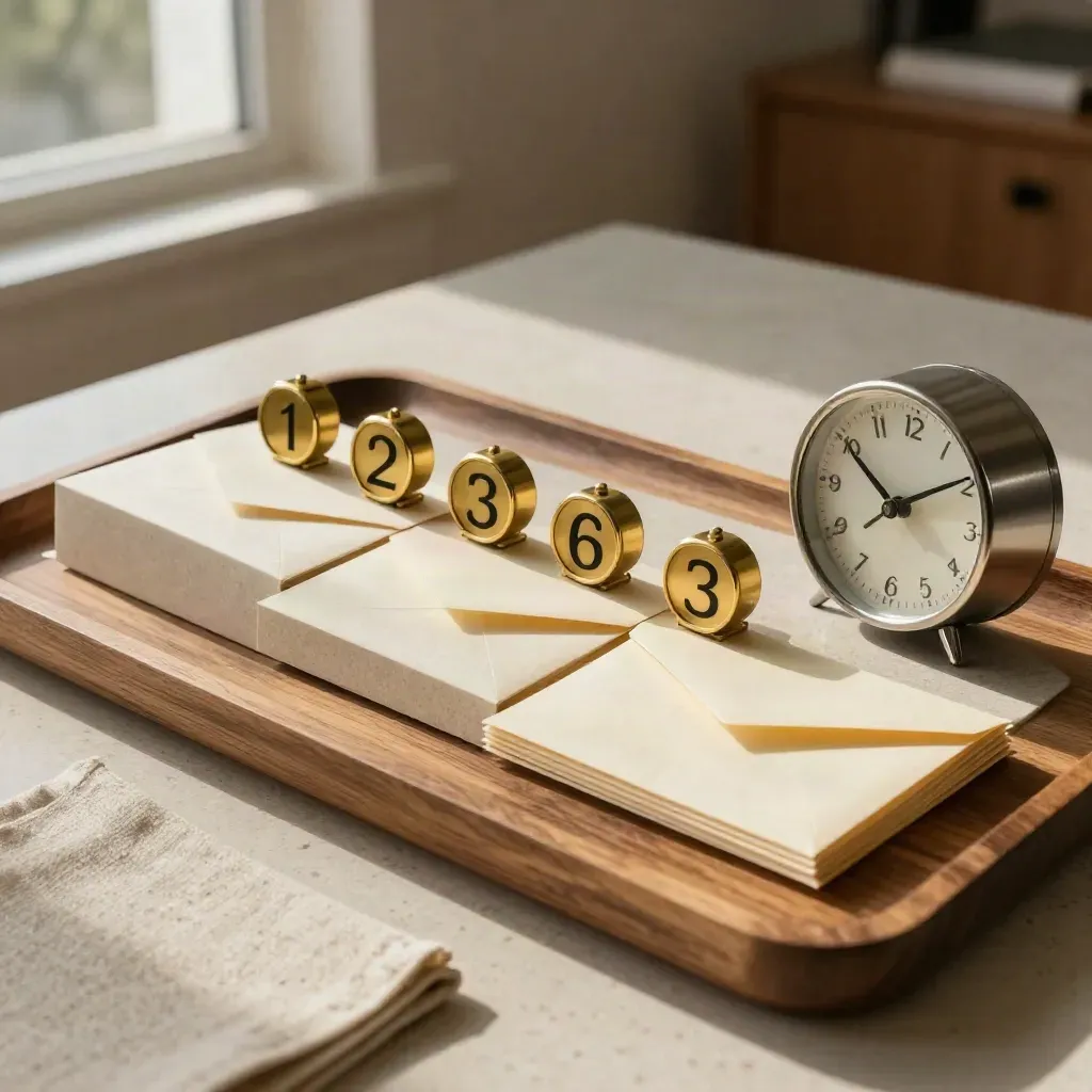 Brass date markers, split envelopes and a clock arranged in measured repayment intervals.