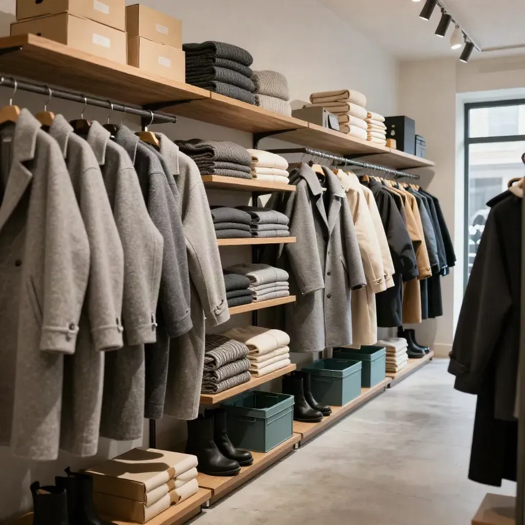 Packed winter shop aisle with coats, boxes and shelves glowing under warm cinematic light.