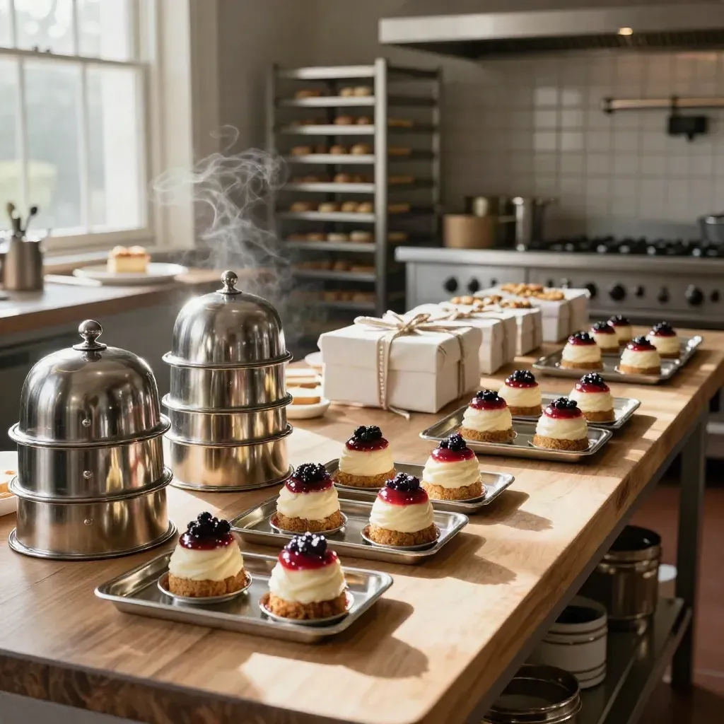 Wedding prep kitchen with plated desserts, chafers, and linen crates ready for season