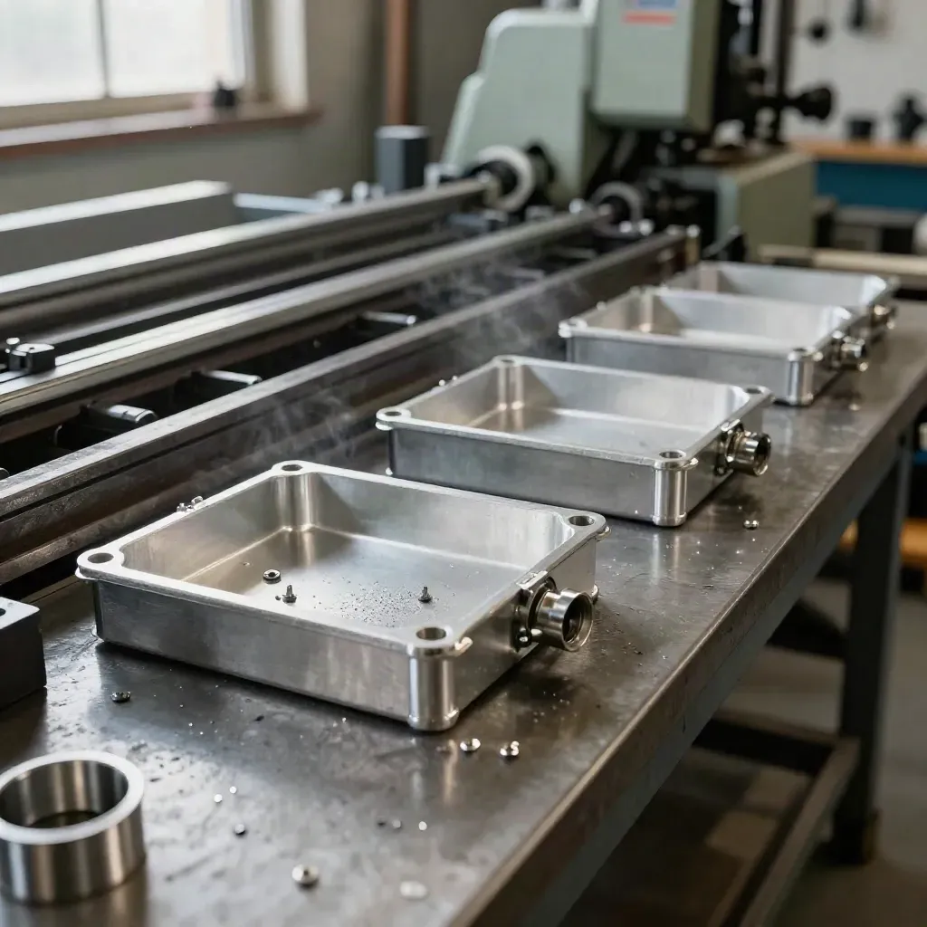 Machined parts in trays beside a running production line, with metal dust in cool workshop light.