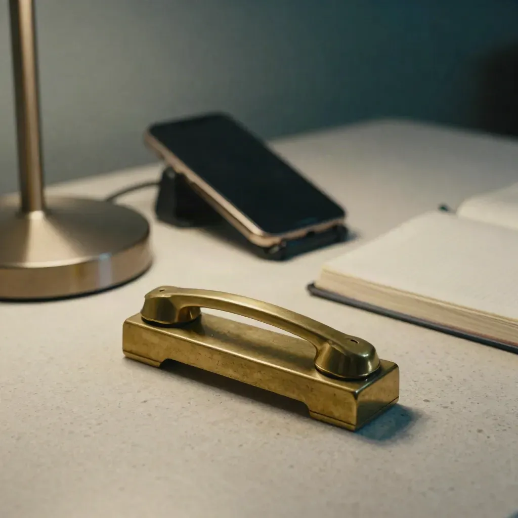 Brass bridge paperweight beside a phone cradle, closed notebook and lamp base on travertine.