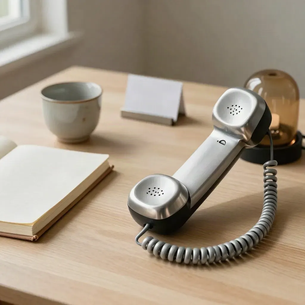 Silver handset, call light, notebook and cup on pale wood desk.