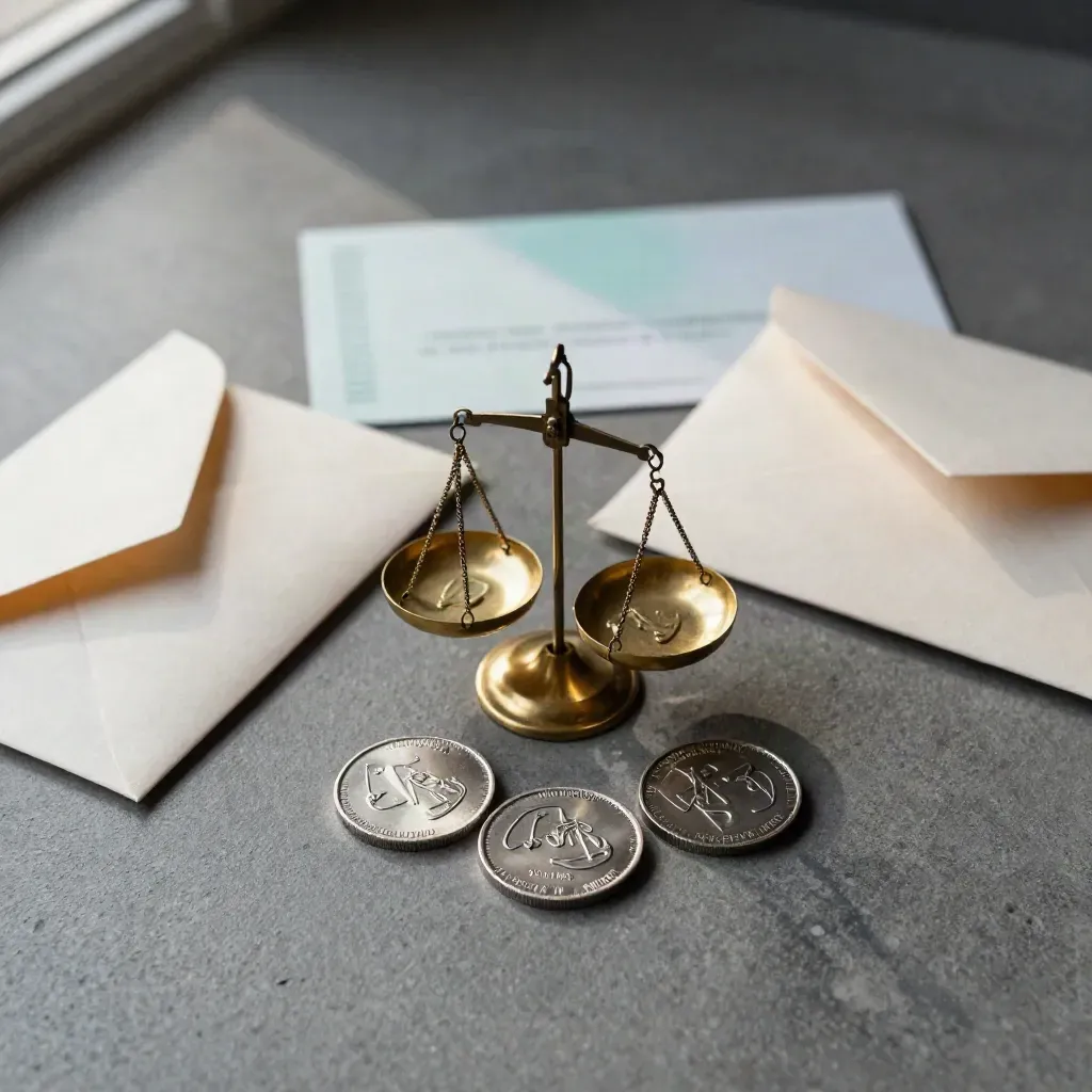 Overhead finance still-life with balance scale, metal tokens and envelope sleeves on concrete.