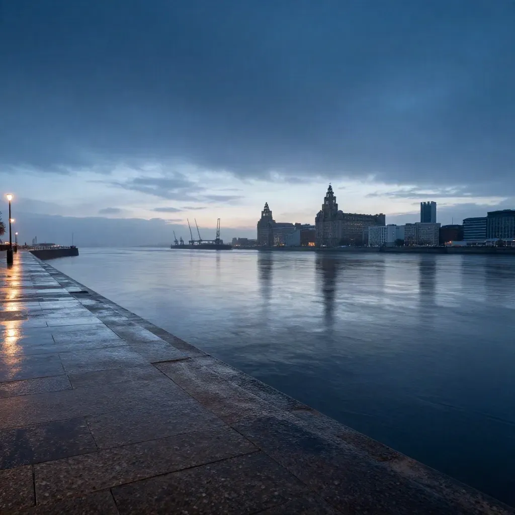 Liverpool waterfront at blue hour with wet quay stone, dark river sheen and cranes in mist.