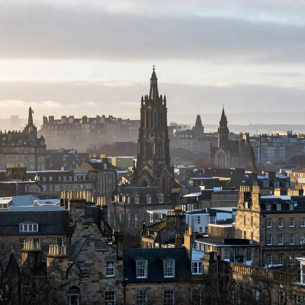 Misty Edinburgh skyline with Arthur’s Seat above calm stone rooftops at dawn.